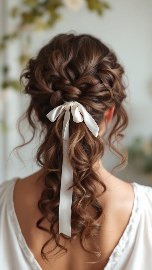 A wedding hairstyle featuring defined curls secured with a satin ribbon