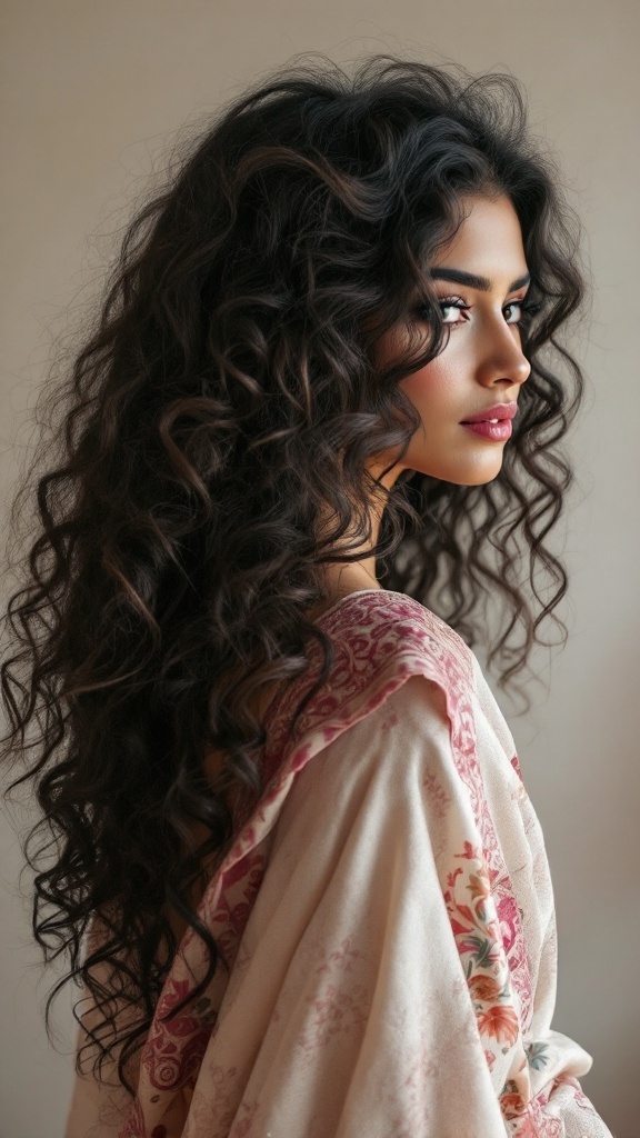 A woman with defined curls wearing a traditional dupatta, showcasing a beautiful hairstyle for an Indian wedding.