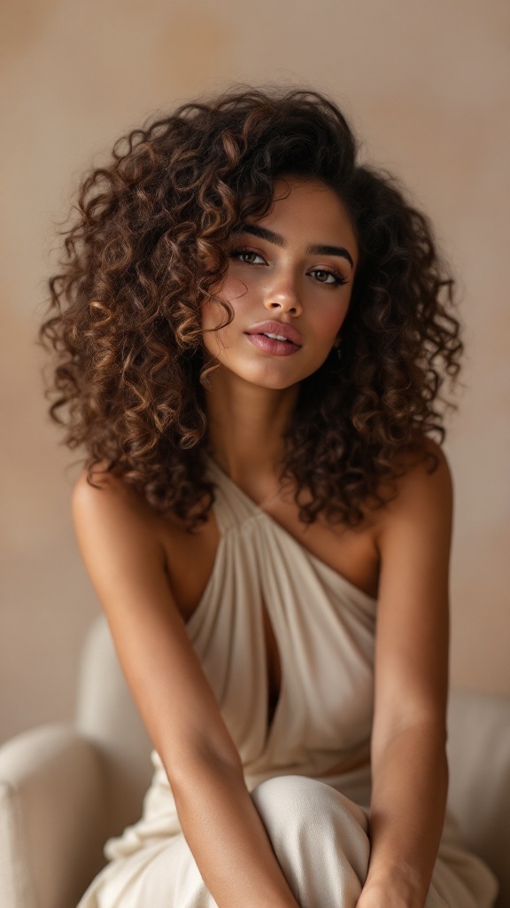 A model with medium-length curly hair styled in defined ringlets.