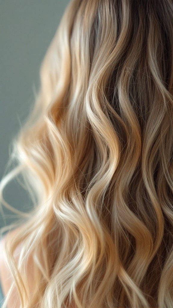 Close-up of hair with chunky blonde highlights, showcasing waves and contrast with darker base.