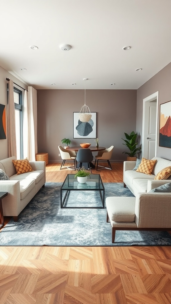A combined living and dining room showcasing a cozy area rug that defines the living space with modern furniture and decor.