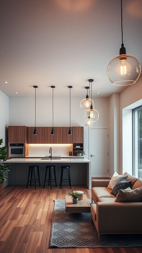Open space living room and kitchen with modern lighting fixtures