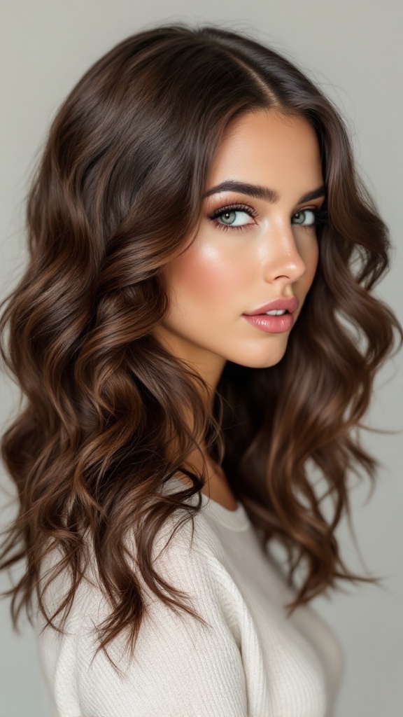 A woman with medium-length butterfly cut hair styled in soft waves, highlighting a fresh and youthful look.