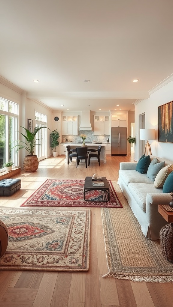 A bright open space living room and kitchen with two area rugs defining different zones.