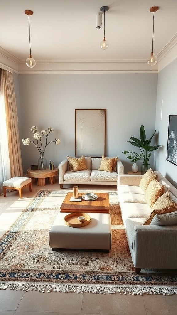 A cozy living room with a large area rug defining the seating area, featuring soft furniture and warm lighting.