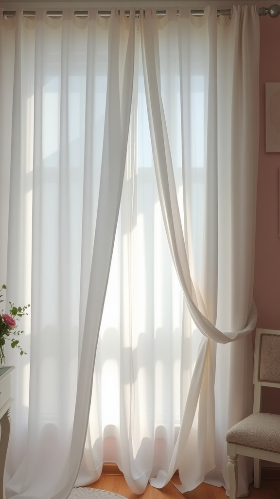 Soft, delicate curtain drapes allowing soft light to illuminate a cozy room.
