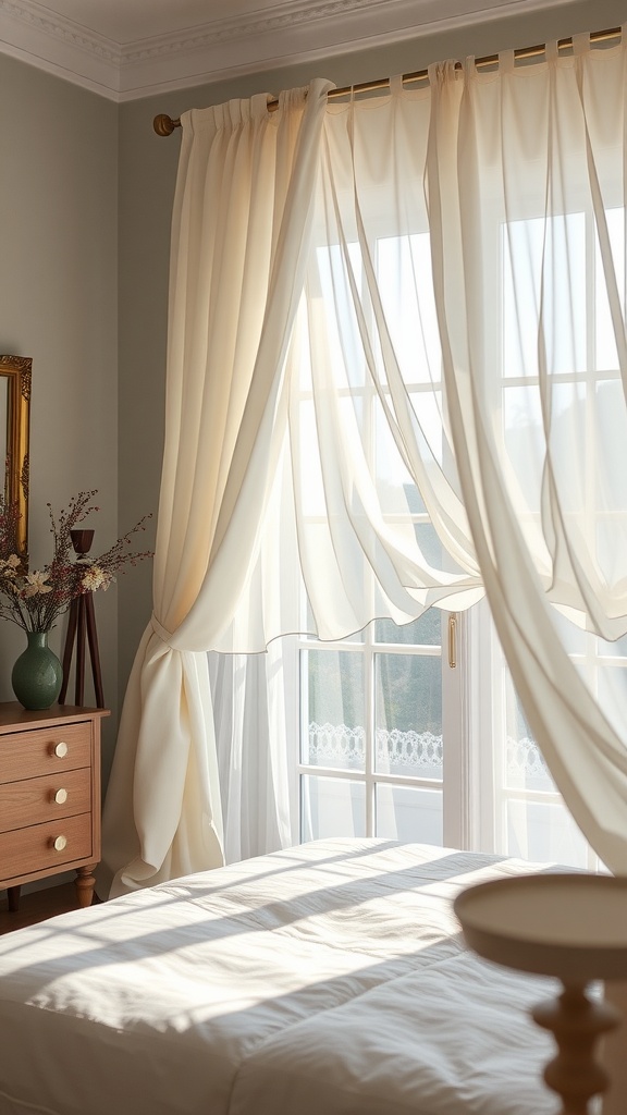 A cozy French country bedroom with delicate, flowing curtains by the window and soft morning light.