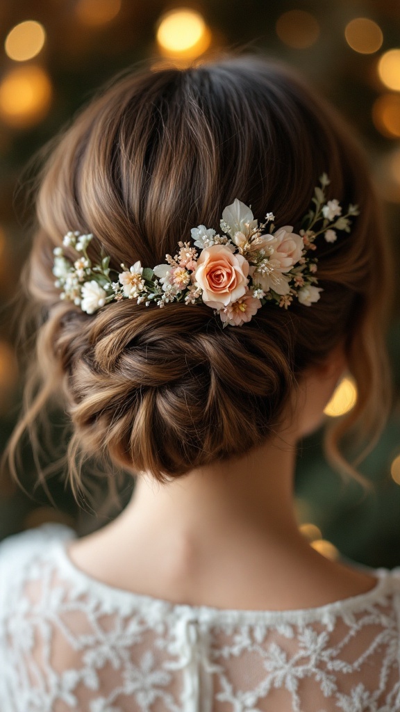 A hairstyle featuring a delicate floral hairpin with roses and small flowers, styled elegantly.