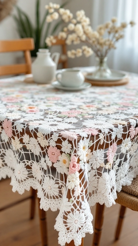 A beautifully crocheted tablecloth with delicate floral motifs in soft colors, draped over a wooden table.