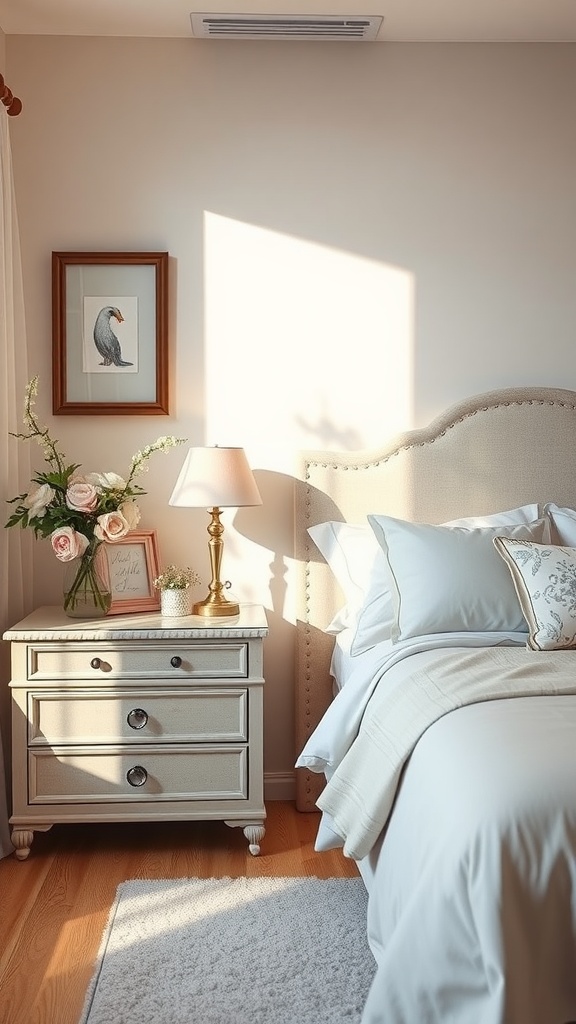 A cozy bedroom with a delicate flower arrangement on a nightstand, featuring soft pink roses and greenery.
