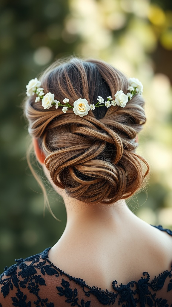 A woman with a flower crown updo hairstyle featuring white roses and greenery.