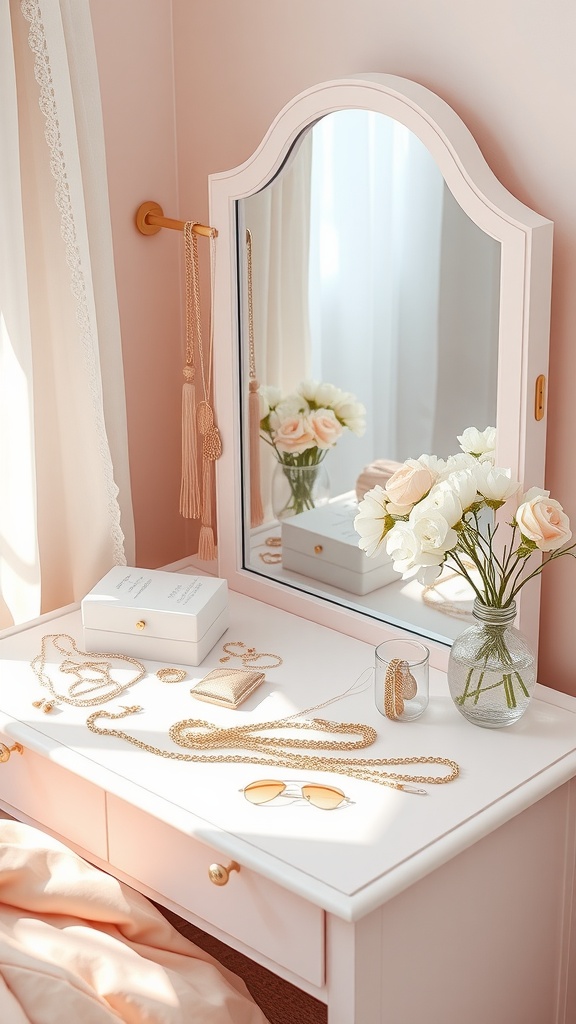 A soft girl bedroom jewelry display featuring a low dresser with a mirror, arranged with necklaces, bracelets, sunglasses, and fresh flowers.