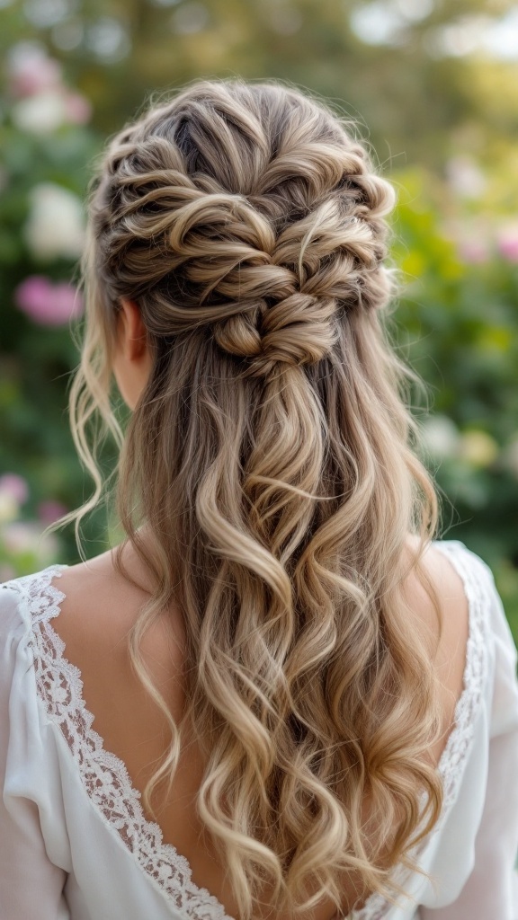 A delicate lace braid with soft waves, showcasing a half up half down hairstyle.