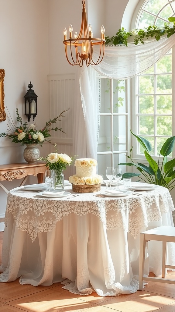 A beautifully set baby shower table with delicate lace overlay, a cake, and fresh flowers.