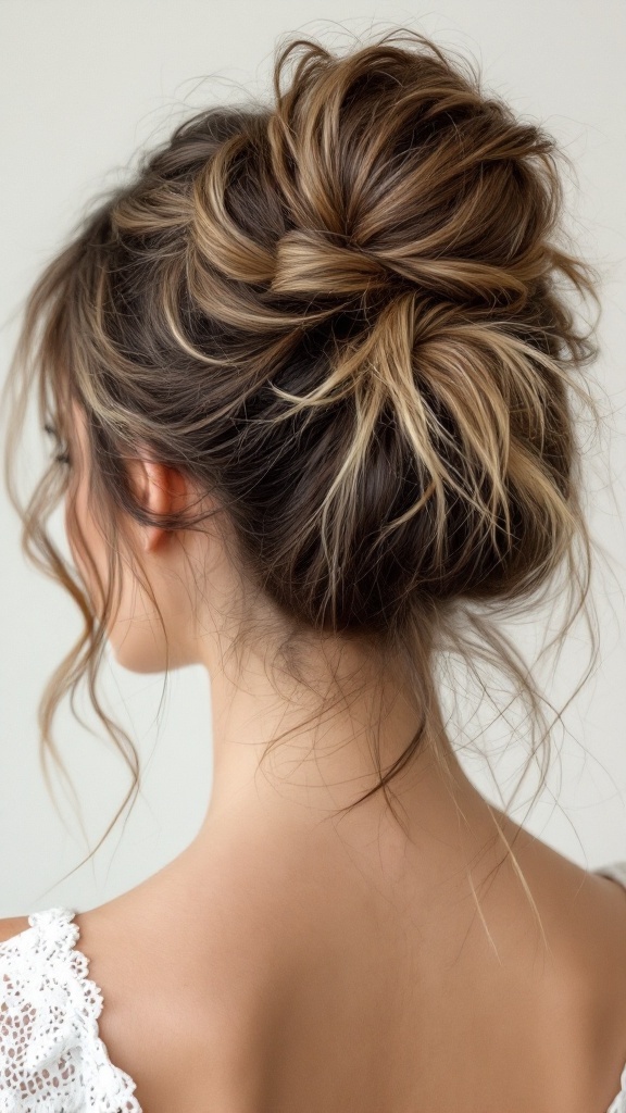 A woman with a delicate messy bun hairstyle, featuring loose tendrils framing her face.