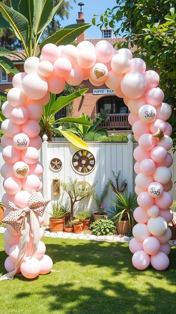 A pastel balloon arch in shades of pink and cream, decorated with golden hearts, set in a garden with greenery.