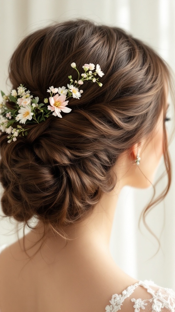 A beautiful delicate spiral updo hairstyle adorned with flowers, showcasing elegance and romance.