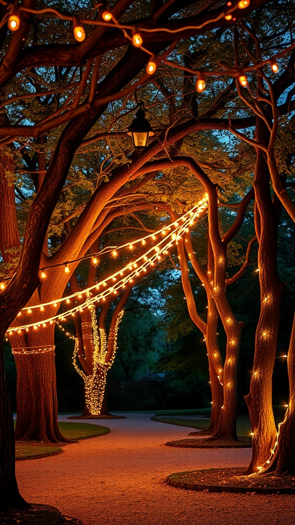 A garden illuminated with delicate string lights hanging from trees, creating a warm and inviting atmosphere.
