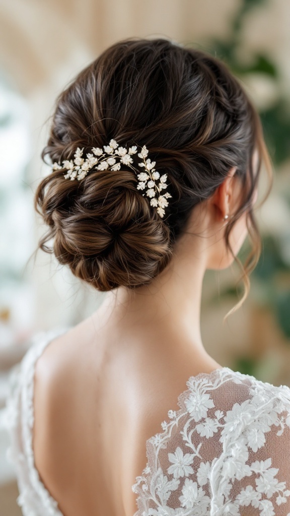 A woman with a twisted chignon hairstyle adorned with delicate hairpins, showcasing a back view of her elegant look.