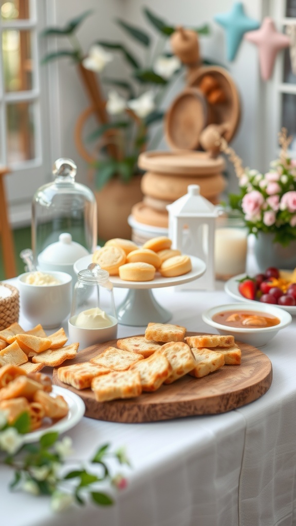 A beautifully arranged table with finger foods and treats for a baby shower, featuring bread slices, snacks, fruits, and desserts.