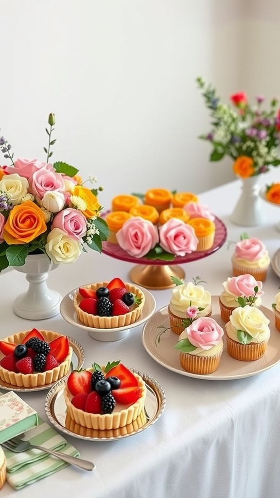 A beautifully arranged table with fruit tarts, cupcakes, and floral arrangements for a spring baby shower.