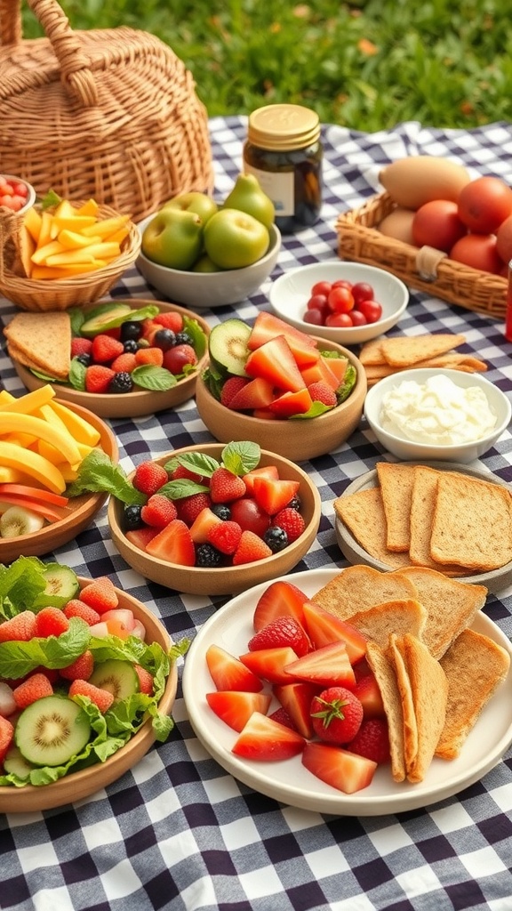 A picnic spread featuring fruits, crackers, and yogurt on a checkered blanket.