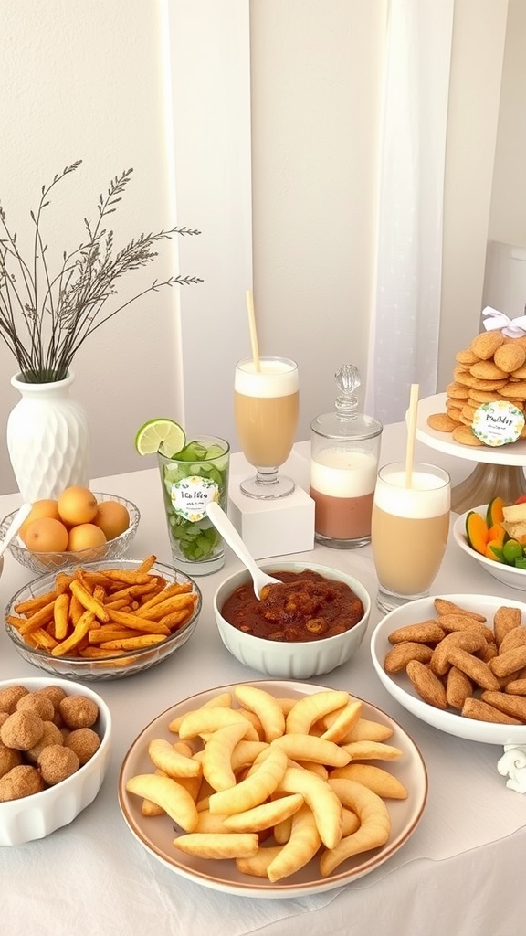 A variety of snacks and drinks arranged on a table for a baby shower.