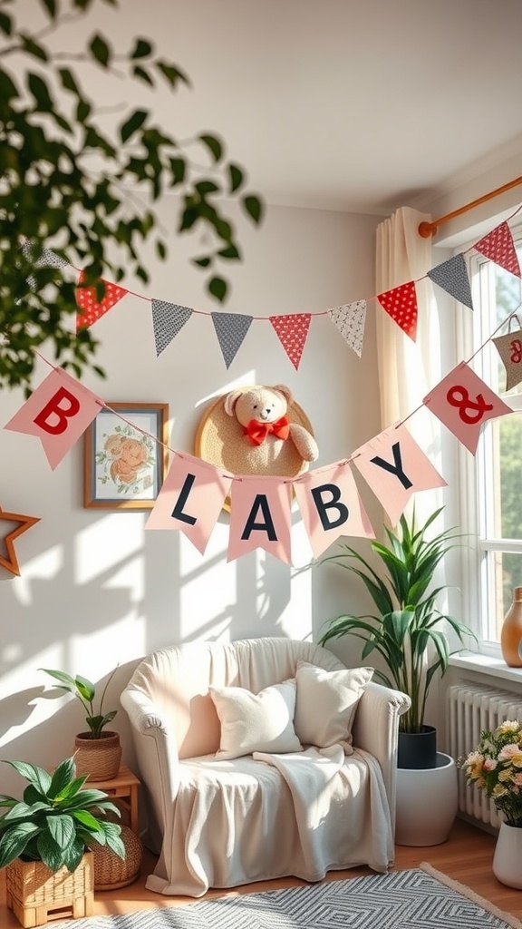 A colorful banner displaying the word 'BABY' with decorative triangular flags and a teddy bear in a cozy room
