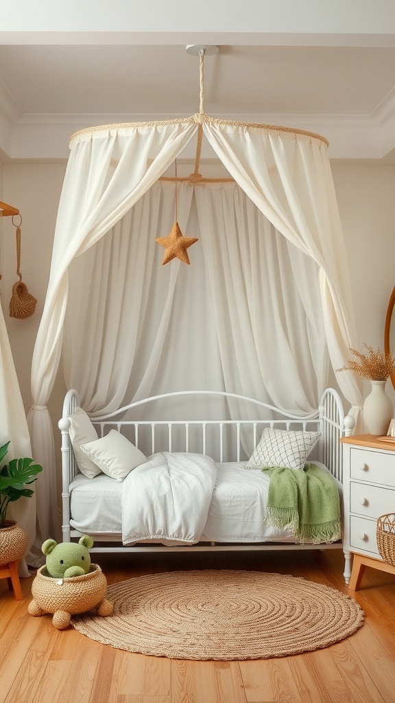 A cozy nursery featuring a canopy bed with light drapes, plush toys, and a warm atmosphere.