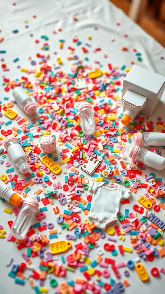 Colorful confetti scattered on a table with baby items like bottles and a onesie.