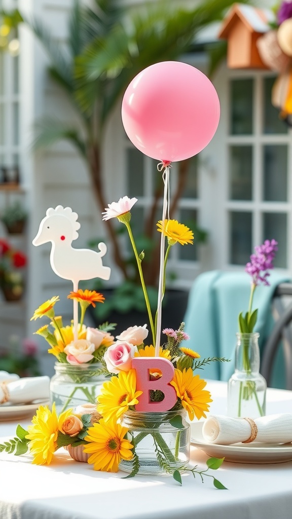 A table centerpiece for a baby shower featuring colorful flowers, a pink balloon, and a duck decoration.