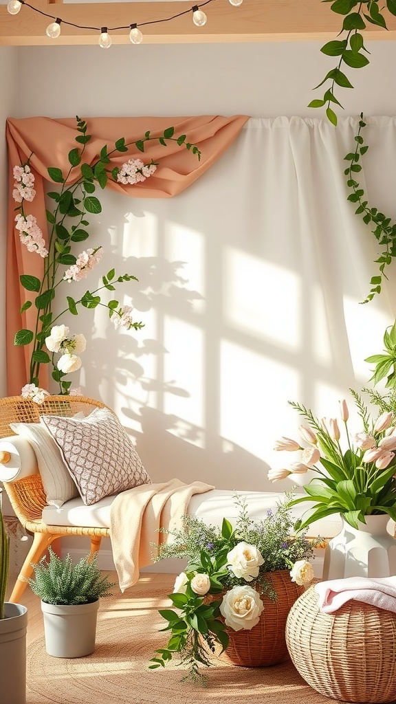 A cozy garden-themed setting with flowers and soft lighting