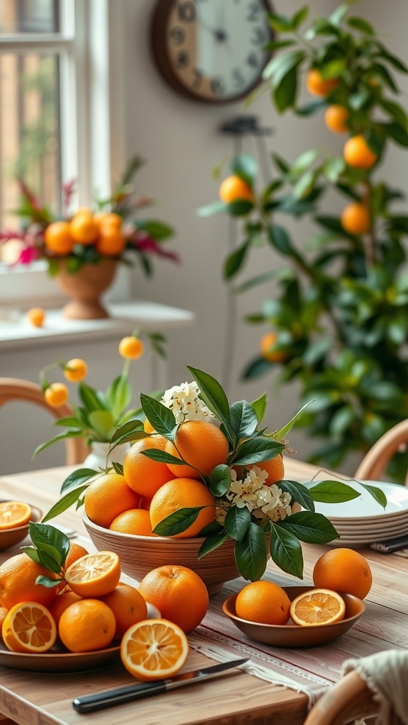A table decorated with a bowl of oranges and smaller plates of sliced oranges, surrounded by greenery in a bright setting.