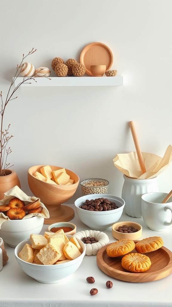 A cozy snack station with various treats including marshmallows, nuts, pastries, and coffee, set against a neutral background.