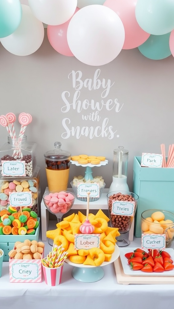 A colorful snack station for a baby shower, featuring various treats and pastel balloons.