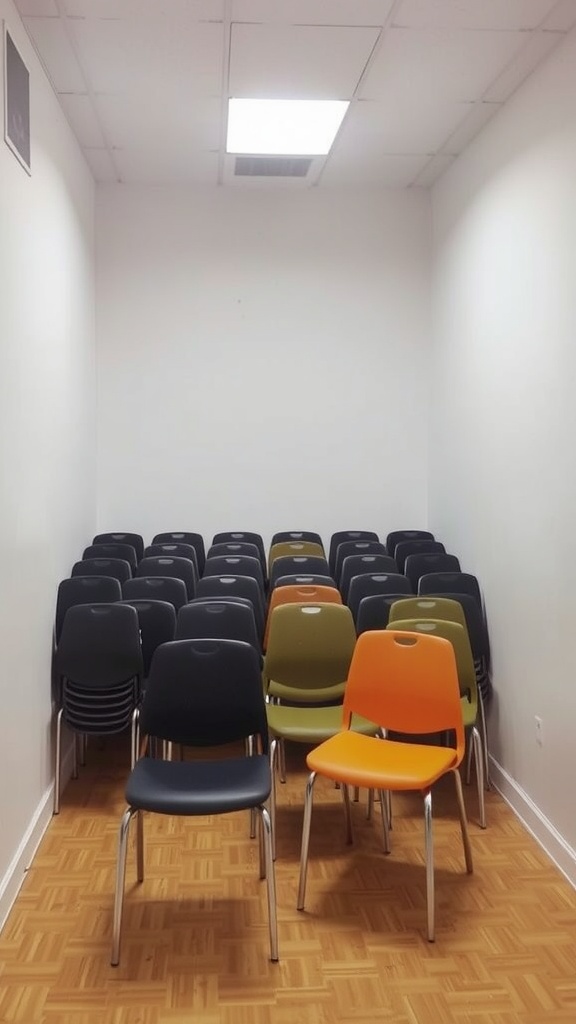 A room filled with neatly stacked chairs, featuring one colorful chair in the foreground.