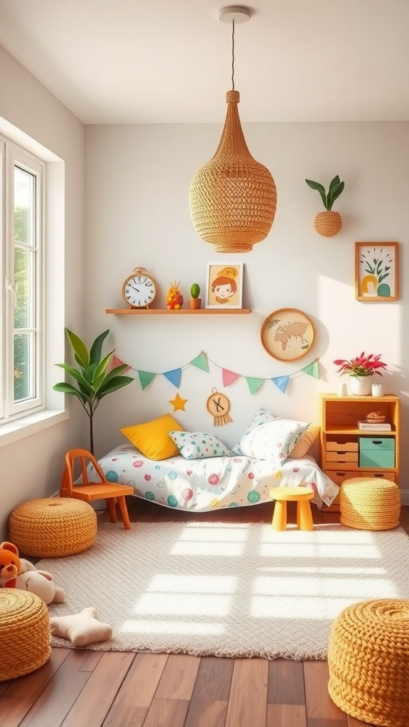 Bright and colorful toddler bedroom featuring a floor bed, playful decor, and cozy seating.
