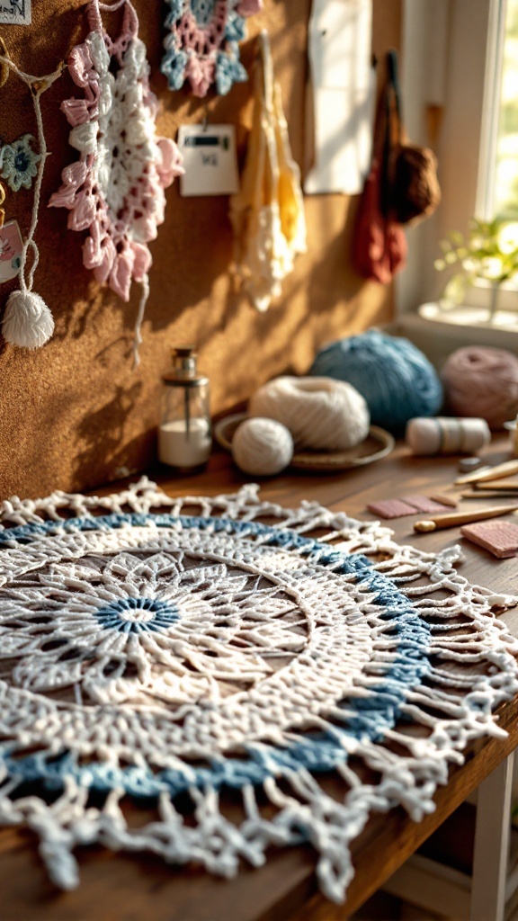 A close-up view of colorful crochet patterns on a table with yarn and crochet supplies.