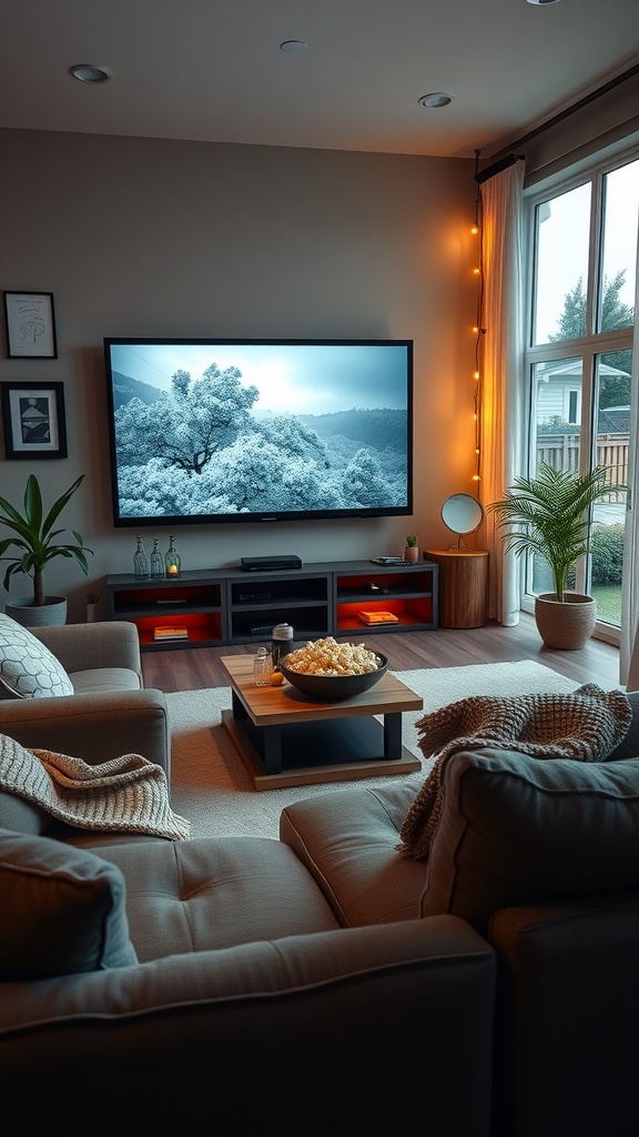 Cozy family room featuring a large TV, comfortable couches, popcorn, and warm lighting, perfect for movie nights.