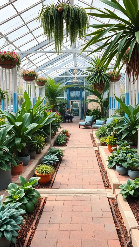 Interior view of a greenhouse with a pathway surrounded by various plants and seating