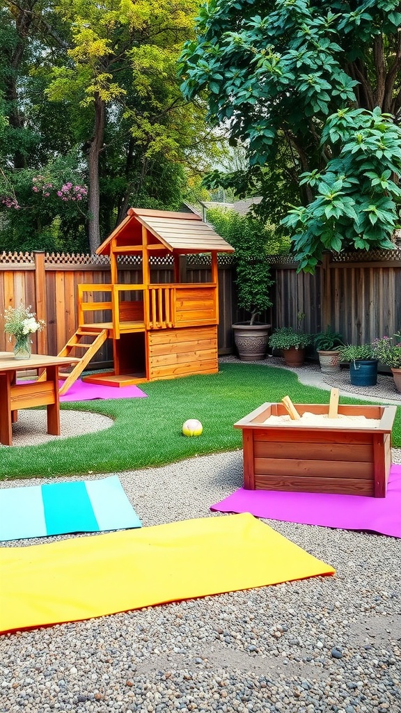 A backyard play area featuring a wooden playhouse, colorful mats, and a sandbox.