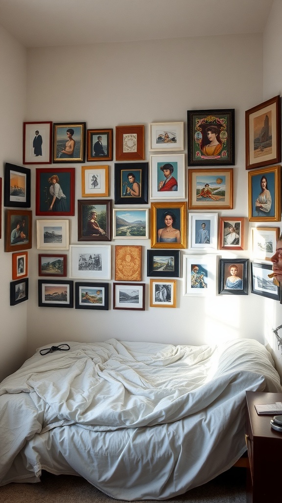 A cozy bedroom corner with a colorful gallery wall of framed pictures above a bed.