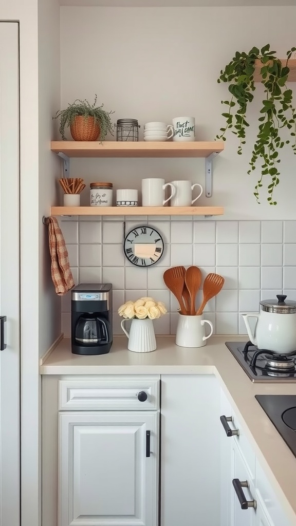 A compact coffee station in a small kitchen with open shelves, a coffee maker, mugs, and a small plant.