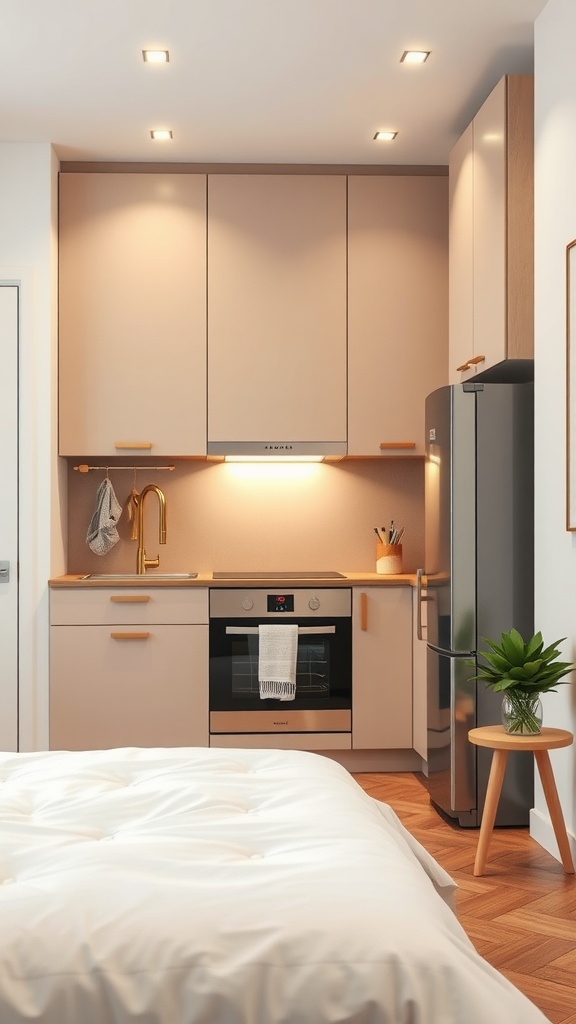 Compact kitchen design featuring light cabinets, modern appliances, and stylish accents.