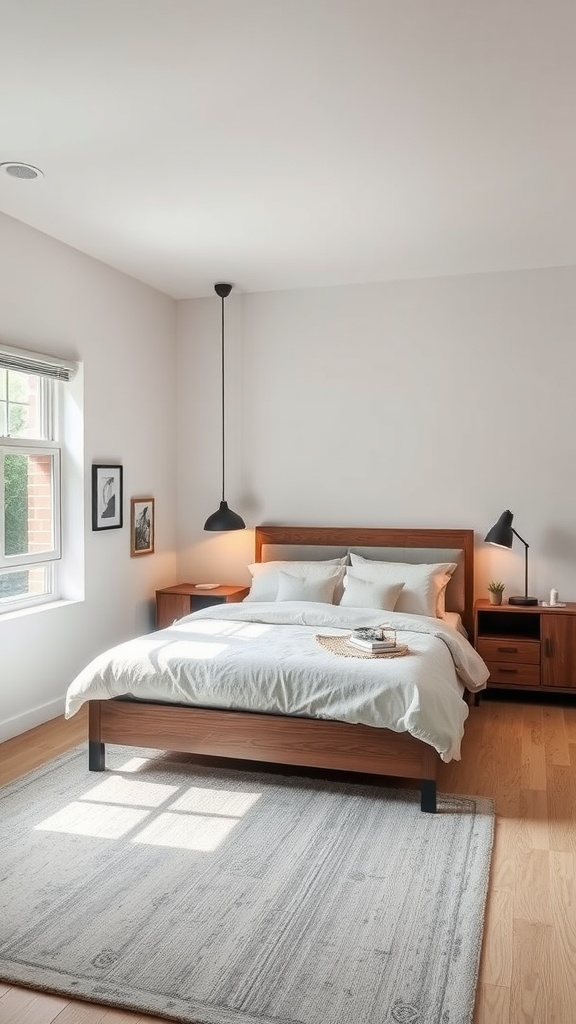 A cozy bed alcove in an L-shaped bedroom with natural light, soft linens, and warm lighting.