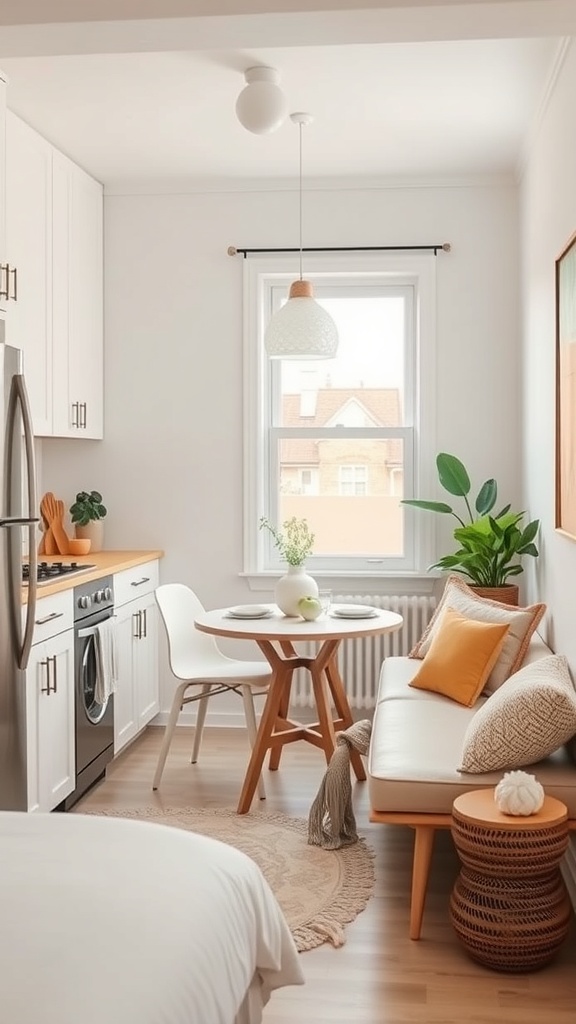 A cozy breakfast nook in a modern apartment kitchen featuring a round table, comfortable seating, and plants.