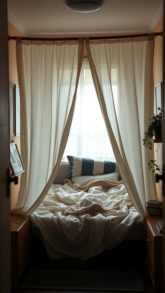 A small bedroom with a canopy made of curtains surrounding a bed, creating a cozy atmosphere.