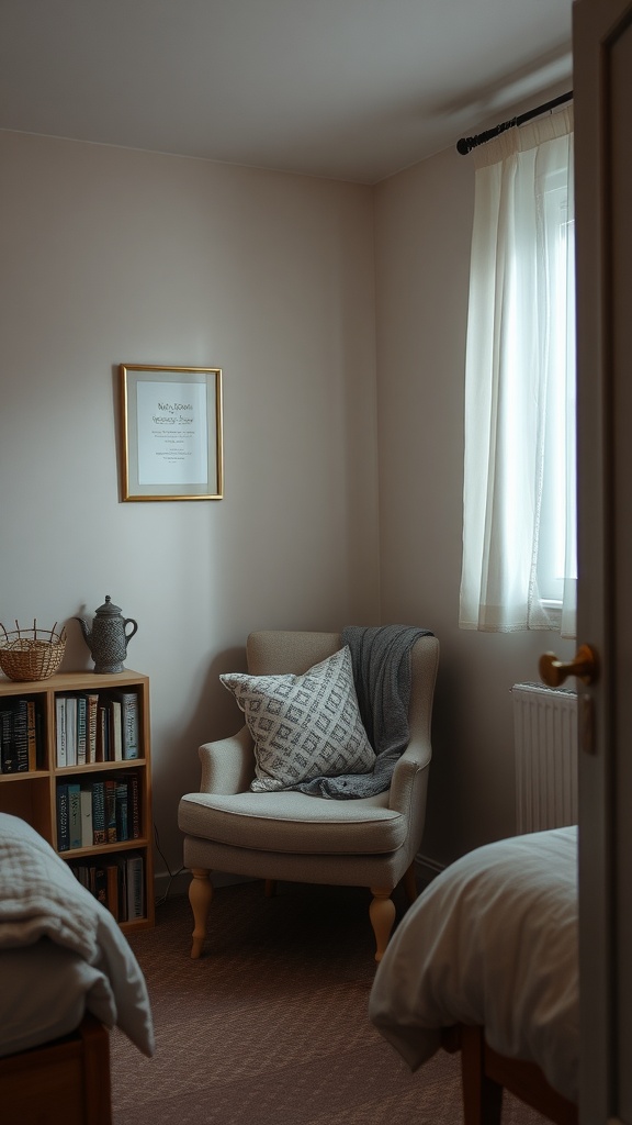 Cozy reading nook in a small bedroom with a comfortable chair, throw blankets, and a bookshelf