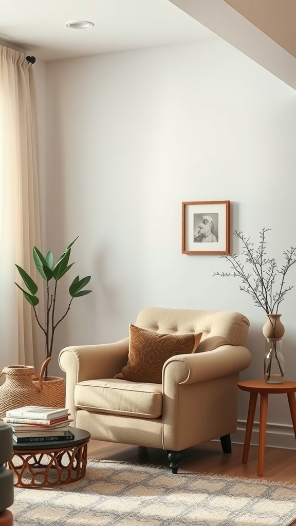 A cozy reading nook featuring a beige armchair with a pillow, a side table with books, and decorative plants.