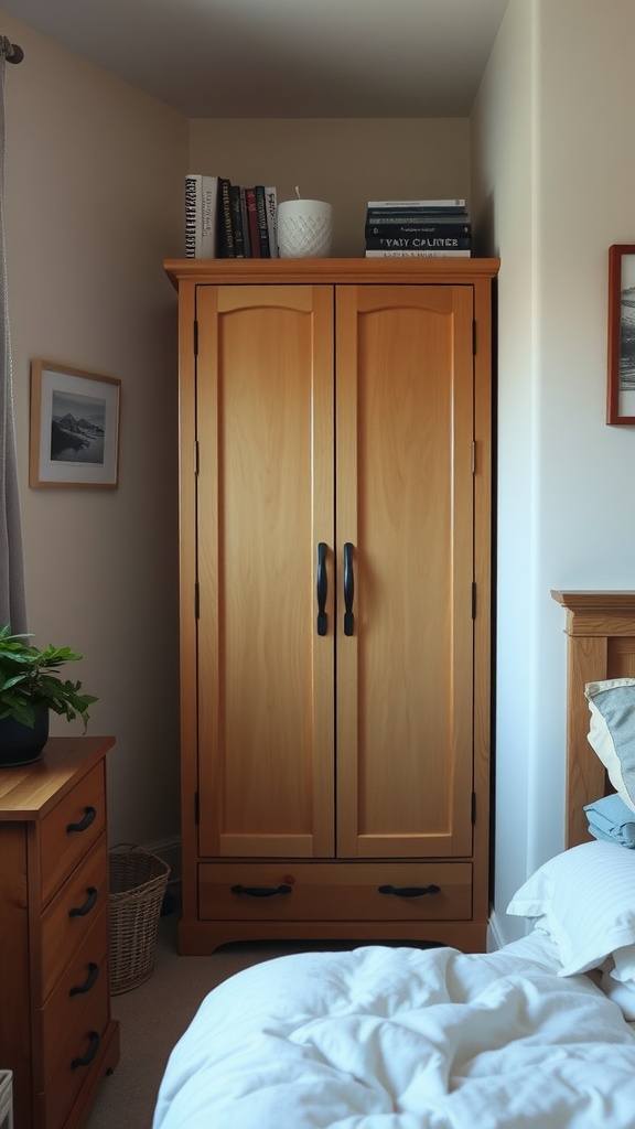 Image of a wooden wardrobe in a small bedroom with a cozy reading nook.